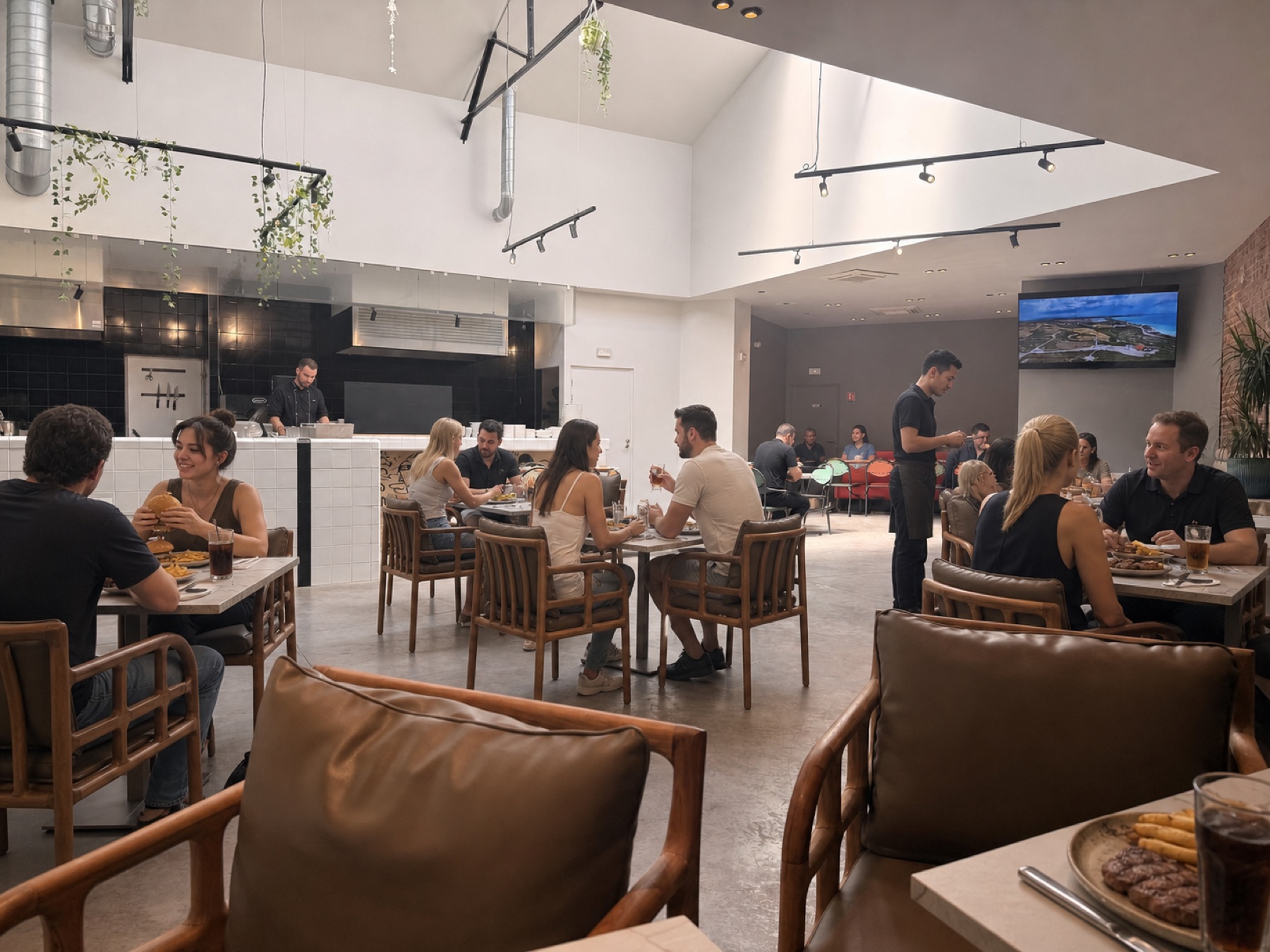 La salle du Factory Food Club, cuisine ouverte et fauteuils en bois